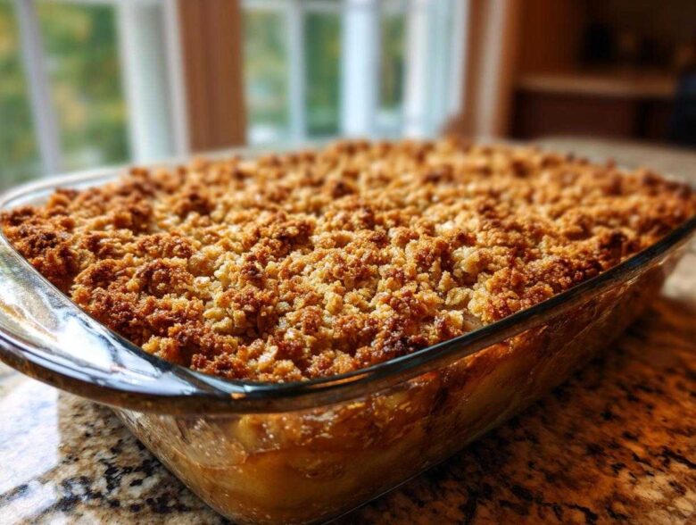 Close-up of a golden brown, crumbly topping on a freshly baked pear crisp in a clear glass baking dish.