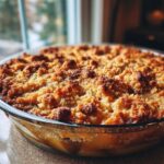 Close-up of a freshly baked pear crisp in a glass dish, featuring a thick, golden, and crunchy topping.