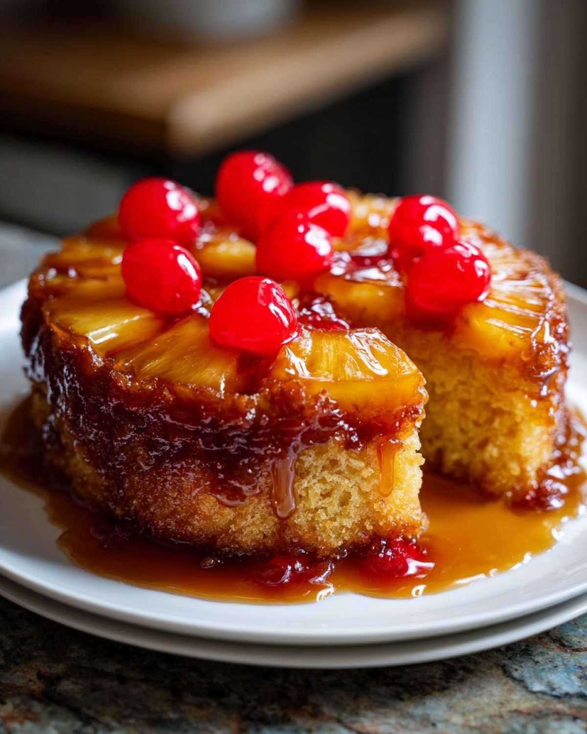A moist slice cut from a pineapple upside down cake topped with caramelized pineapple rings and bright red maraschino cherries.