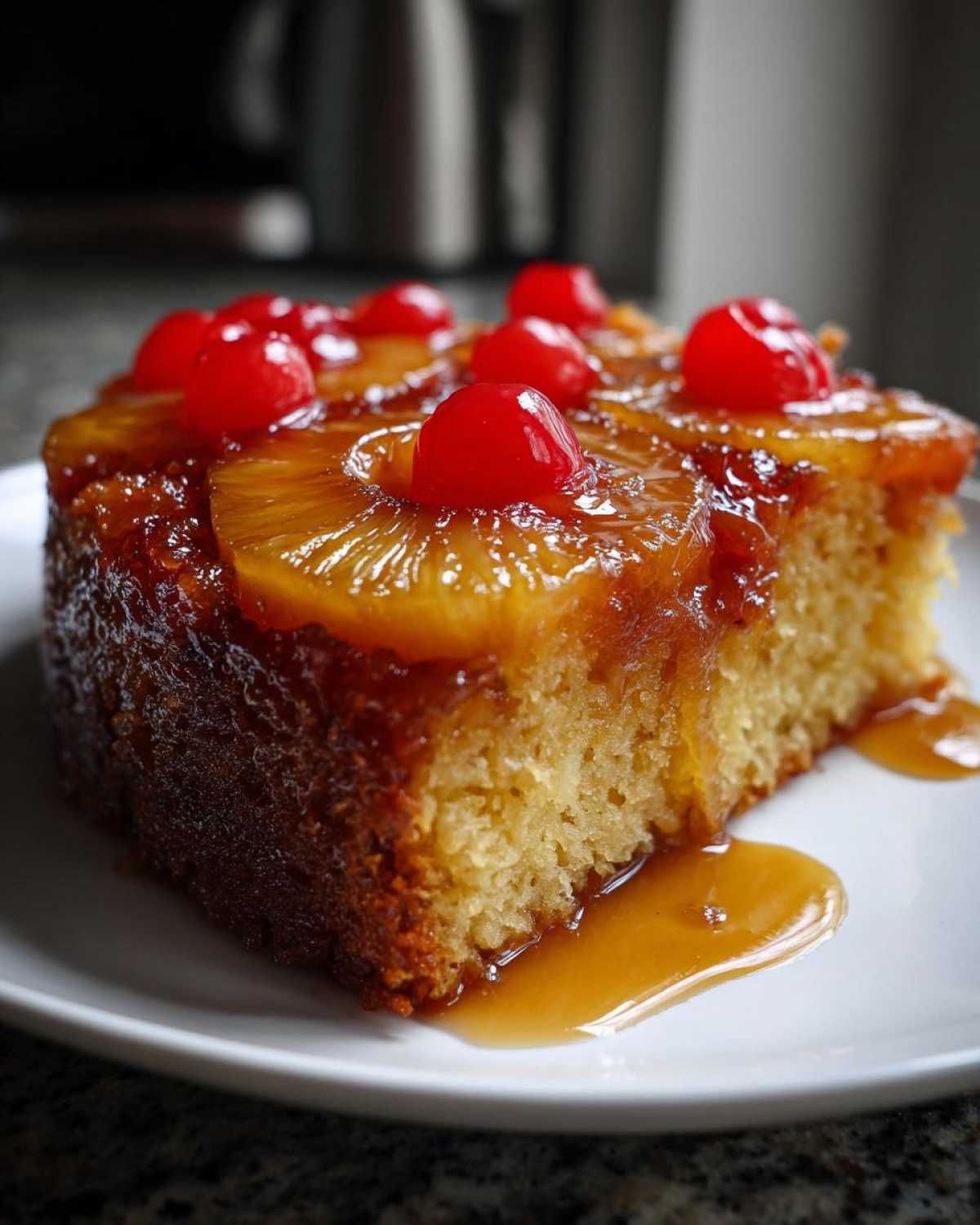 A moist slice of pineapple upside down cake topped with caramelized pineapple rings and bright red maraschino cherries.