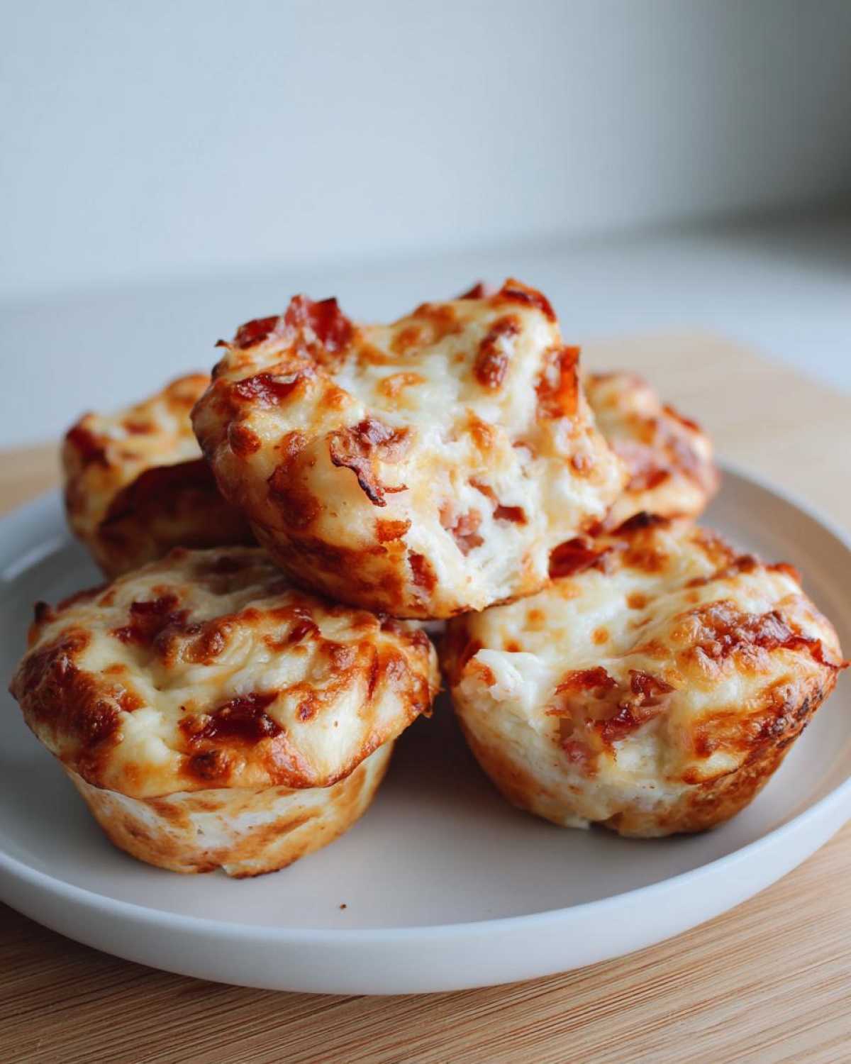 A stack of four golden brown pizza muffins topped with melted, bubbly cheese and bits of pepperoni, ready for lunchboxes.