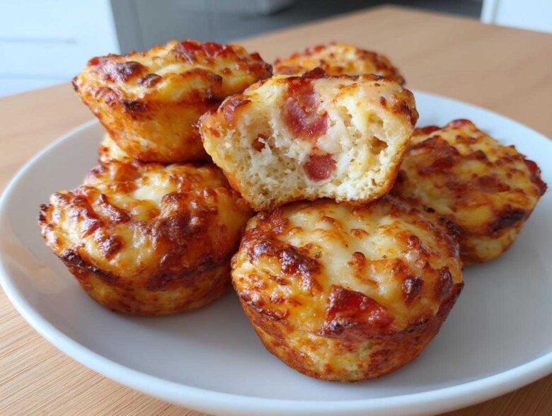 A stack of golden brown pizza muffins with melted, bubbly cheese topping, one is broken open showing pepperoni.