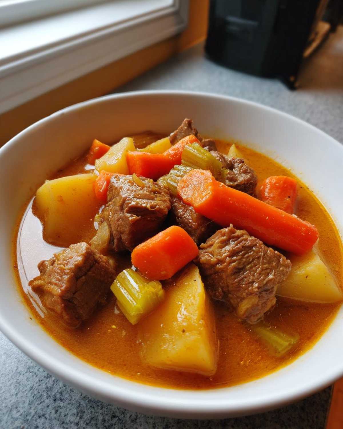 Close-up of a white bowl filled with rich, savory pork stew featuring tender meat chunks, large carrots, potatoes, and celery.