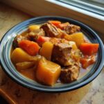 A close-up of a dark bowl filled with tender chunks of pork stew, potatoes, and bright orange carrots in a rich gravy.