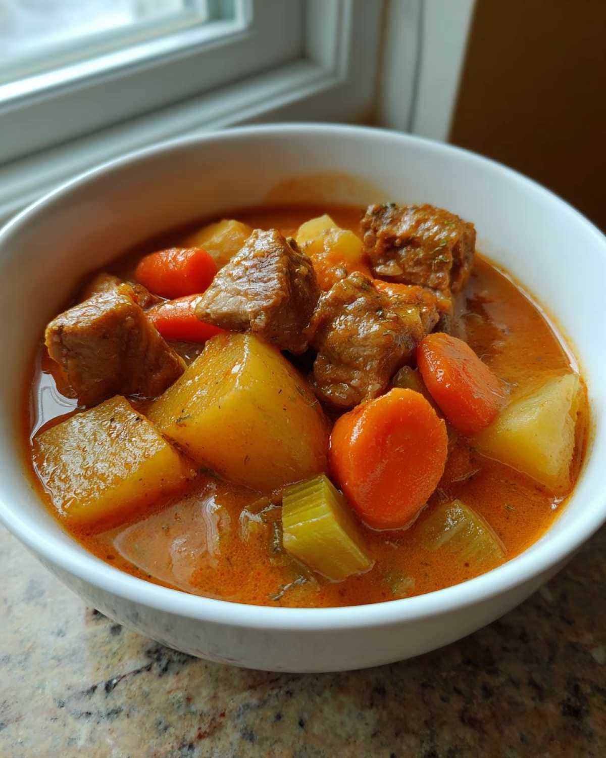 Close-up of a white bowl filled with rich, orange-colored pork stew featuring tender chunks of pork, potatoes, carrots, and celery.