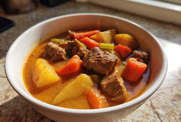 A close-up of a white bowl filled with rich, orange-hued pork stew featuring tender meat chunks, potatoes, and carrots.