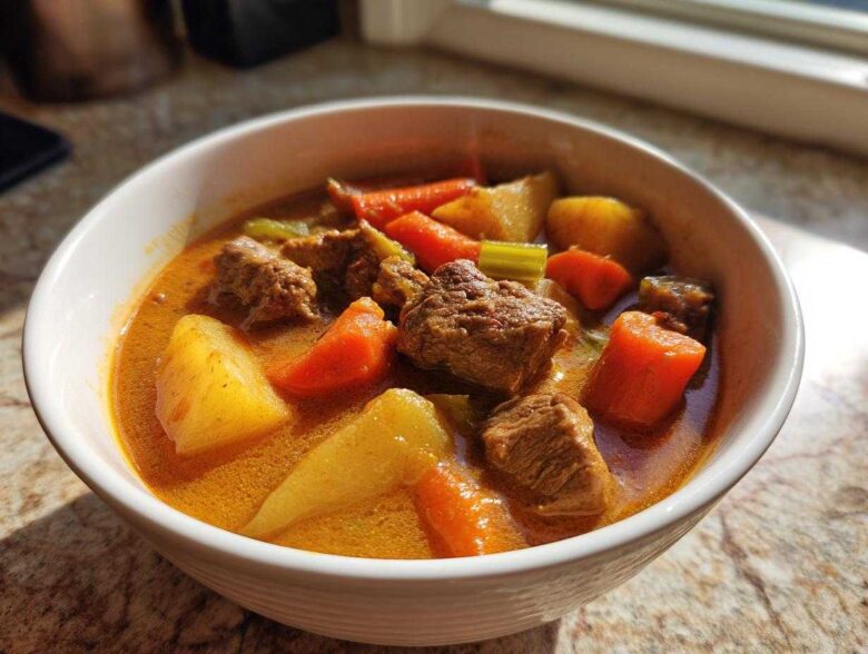 A close-up of a white bowl filled with rich, orange-hued pork stew featuring tender meat chunks, potatoes, and carrots.