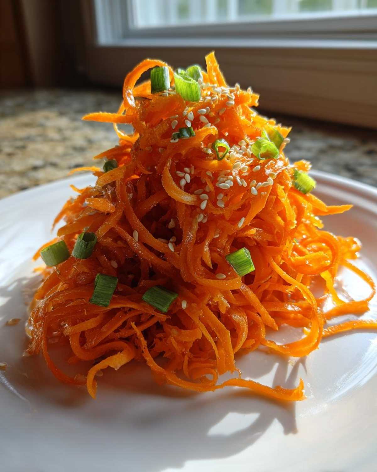 A mound of bright orange raw carrot salad, shredded and topped with sesame seeds and green onions.
