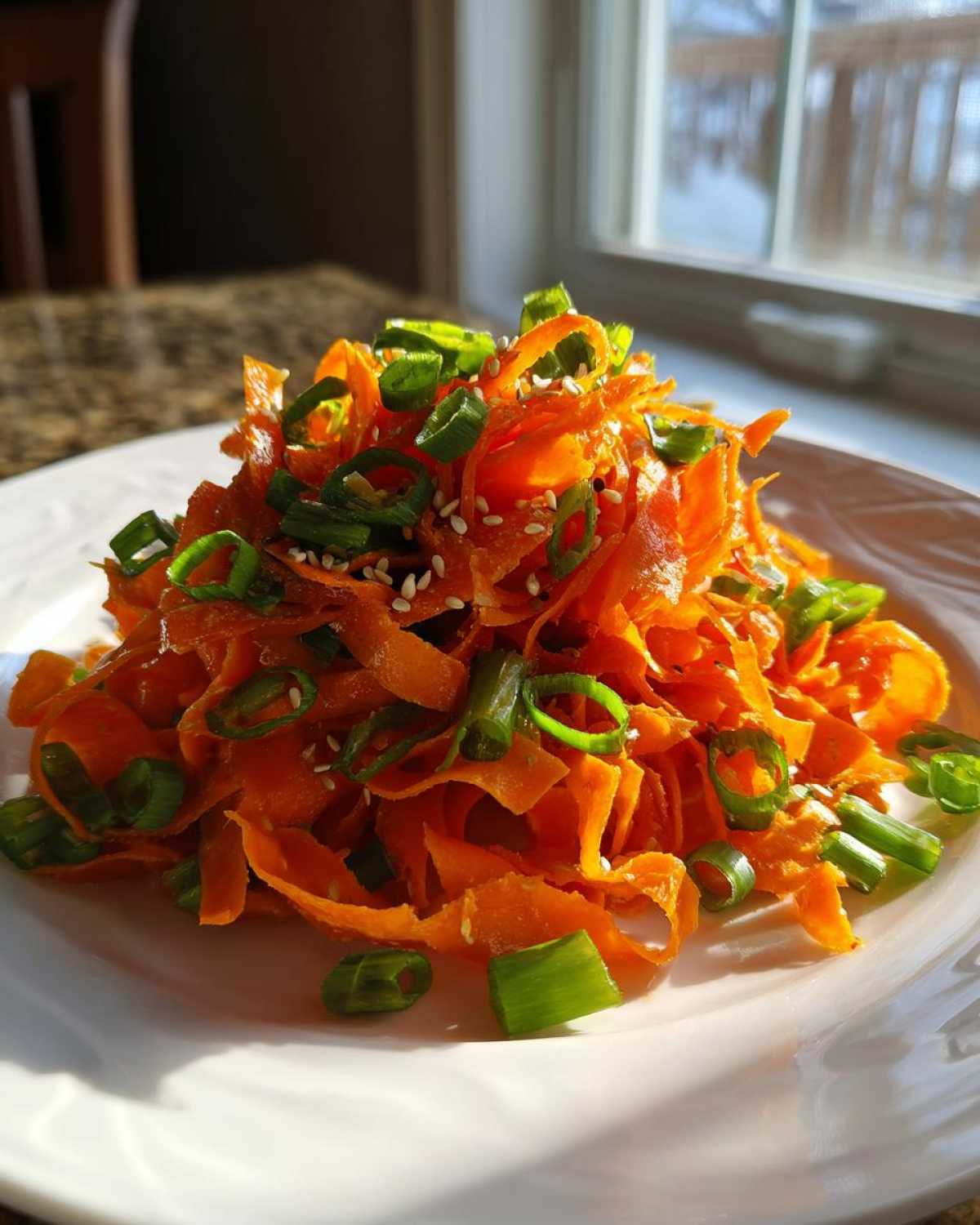 A close-up of a vibrant raw carrot salad made with shaved carrots, topped with sliced green onions and sesame seeds.