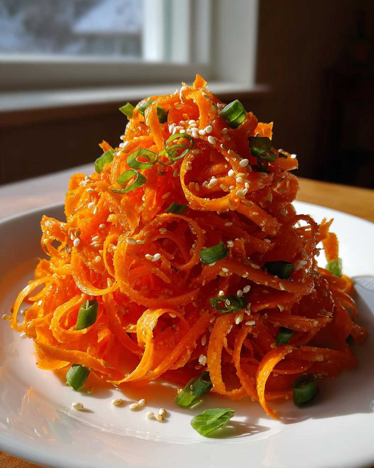 A mound of bright orange, spiralized raw carrot salad topped with sesame seeds and sliced green onions.
