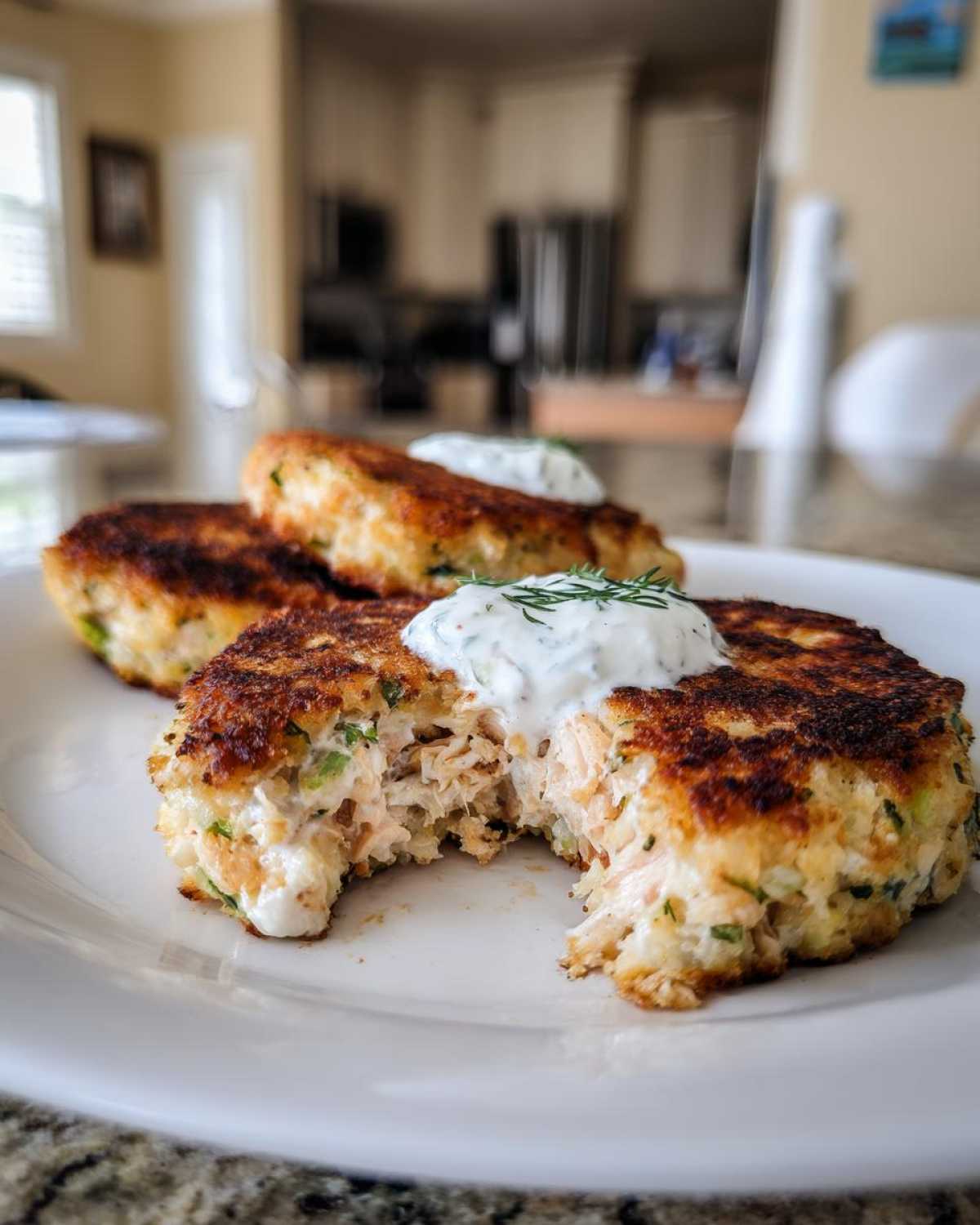 Close-up of flaky salmon cakes, one bitten into, topped with creamy sauce and dill.