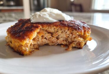 Close-up of a perfectly seared salmon cake with a bite taken out, showing flaky interior and topped with a dollop of white sauce.