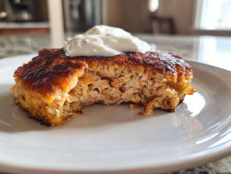 Close-up of a perfectly seared salmon cake with a bite taken out, showing flaky interior and topped with a dollop of white sauce.