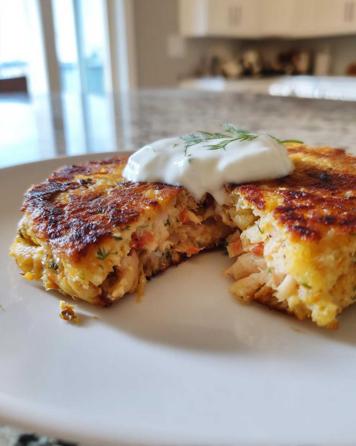 A close-up of a perfectly seared salmon cake cut in half, showing flaky interior and topped with a dollop of white sauce and dill.