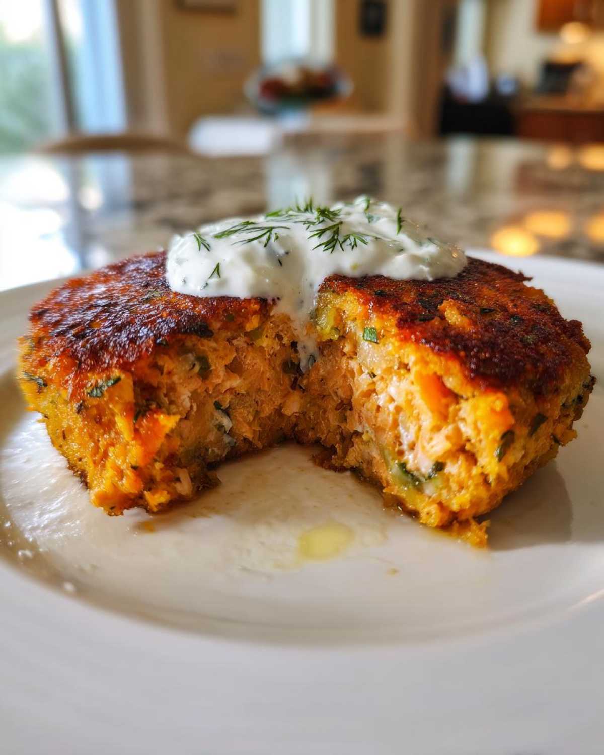 Close-up of a salmon cake with a bite taken out, showing the moist interior and topped with dill sauce.