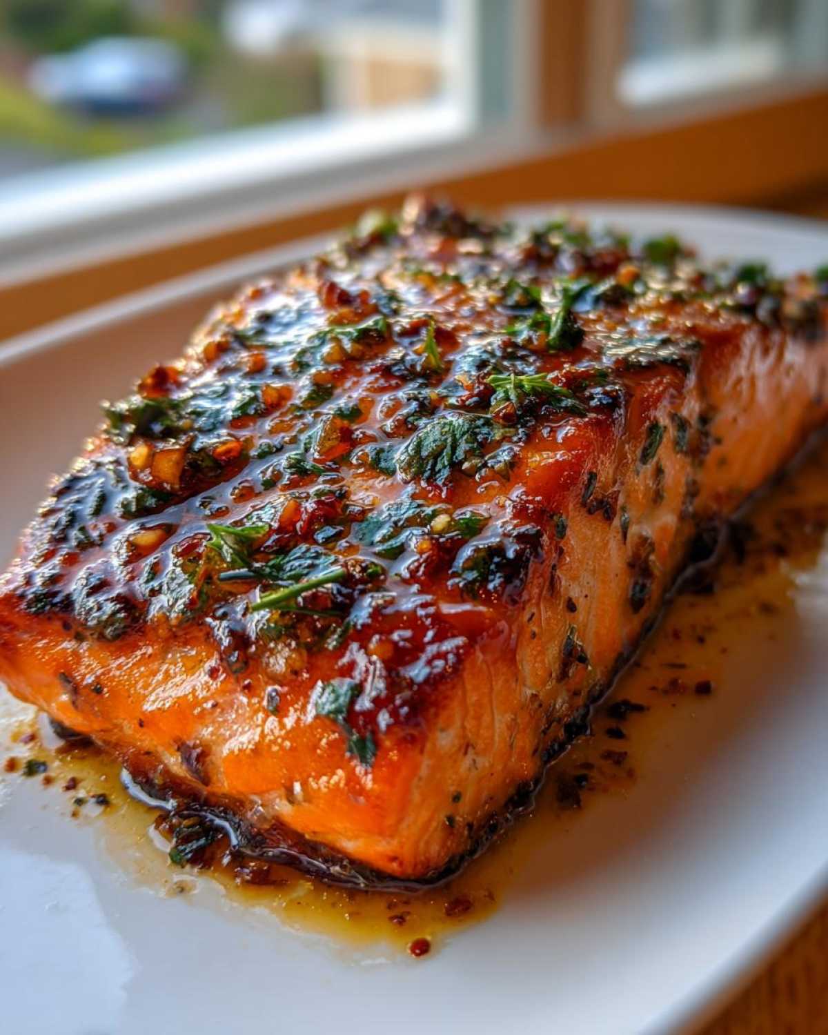 Close-up of a perfectly cooked salmon recipe fillet with a shiny, dark glaze and chopped herbs.