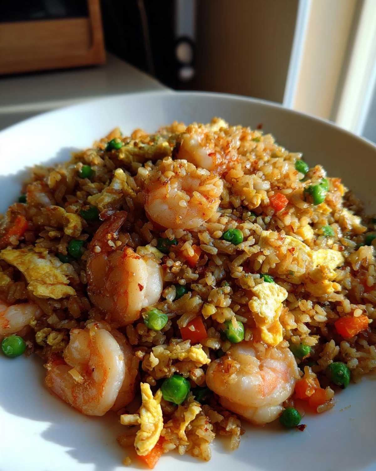 A close-up, bright image of a serving of shrimp fried rice featuring plump shrimp, scrambled egg pieces, peas, and carrots.