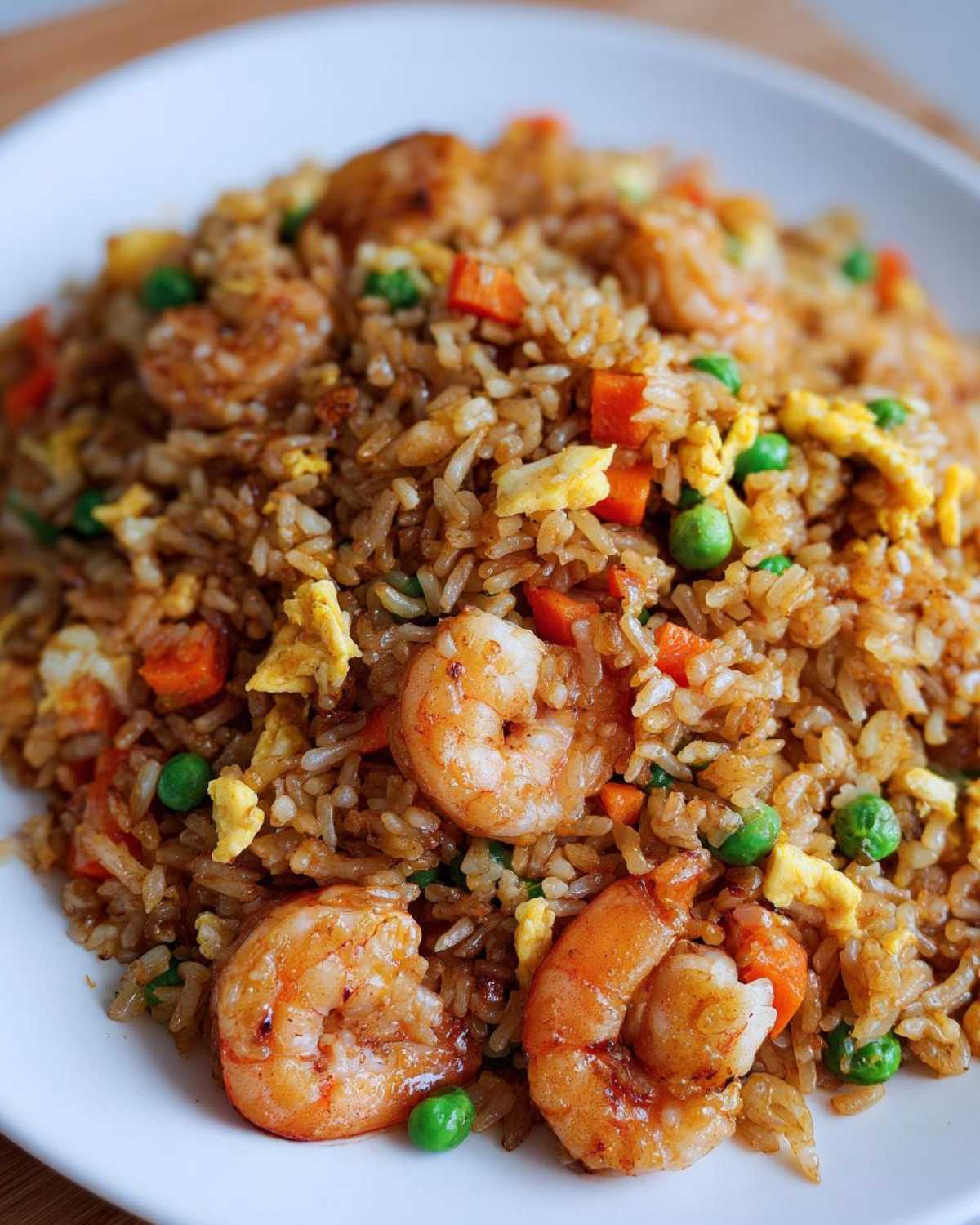 A close-up of a heaping plate of amazing shrimp fried rice mixed with bright orange shrimp, green peas, carrots, and scrambled egg pieces.