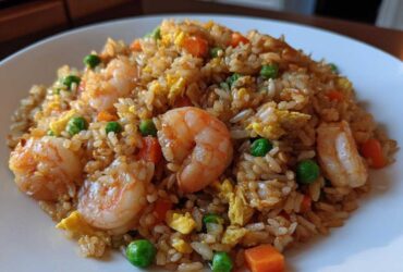 A close-up view of a serving of amazing shrimp fried rice mixed with peas, carrots, and scrambled egg.