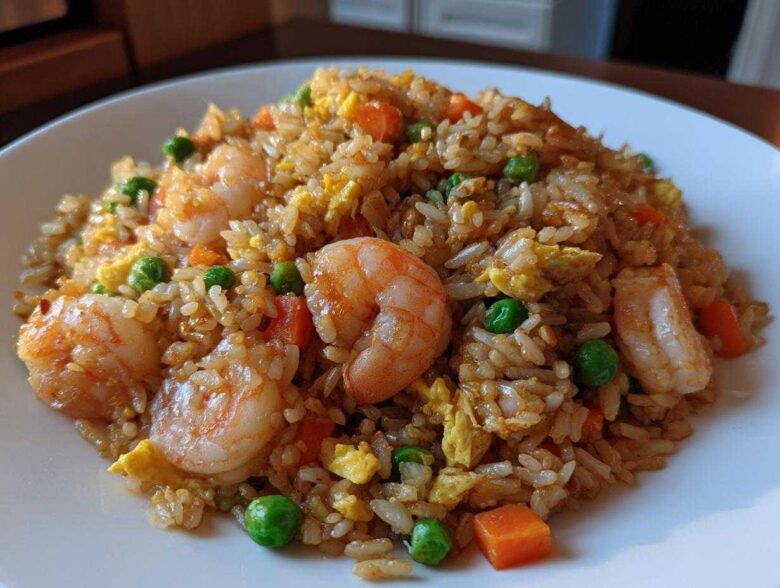 A close-up view of a serving of amazing shrimp fried rice mixed with peas, carrots, and scrambled egg.
