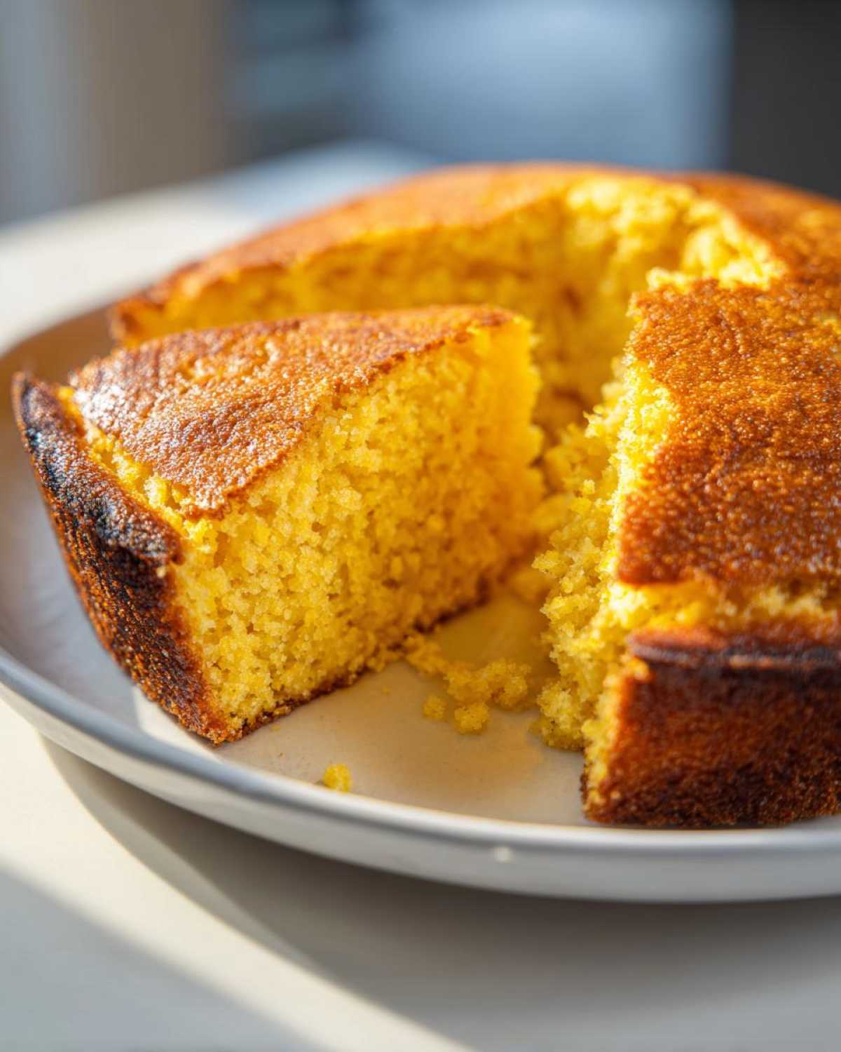 A close-up of a golden, crumbly slice of skillet cornbread with a dark, crunchy crust.