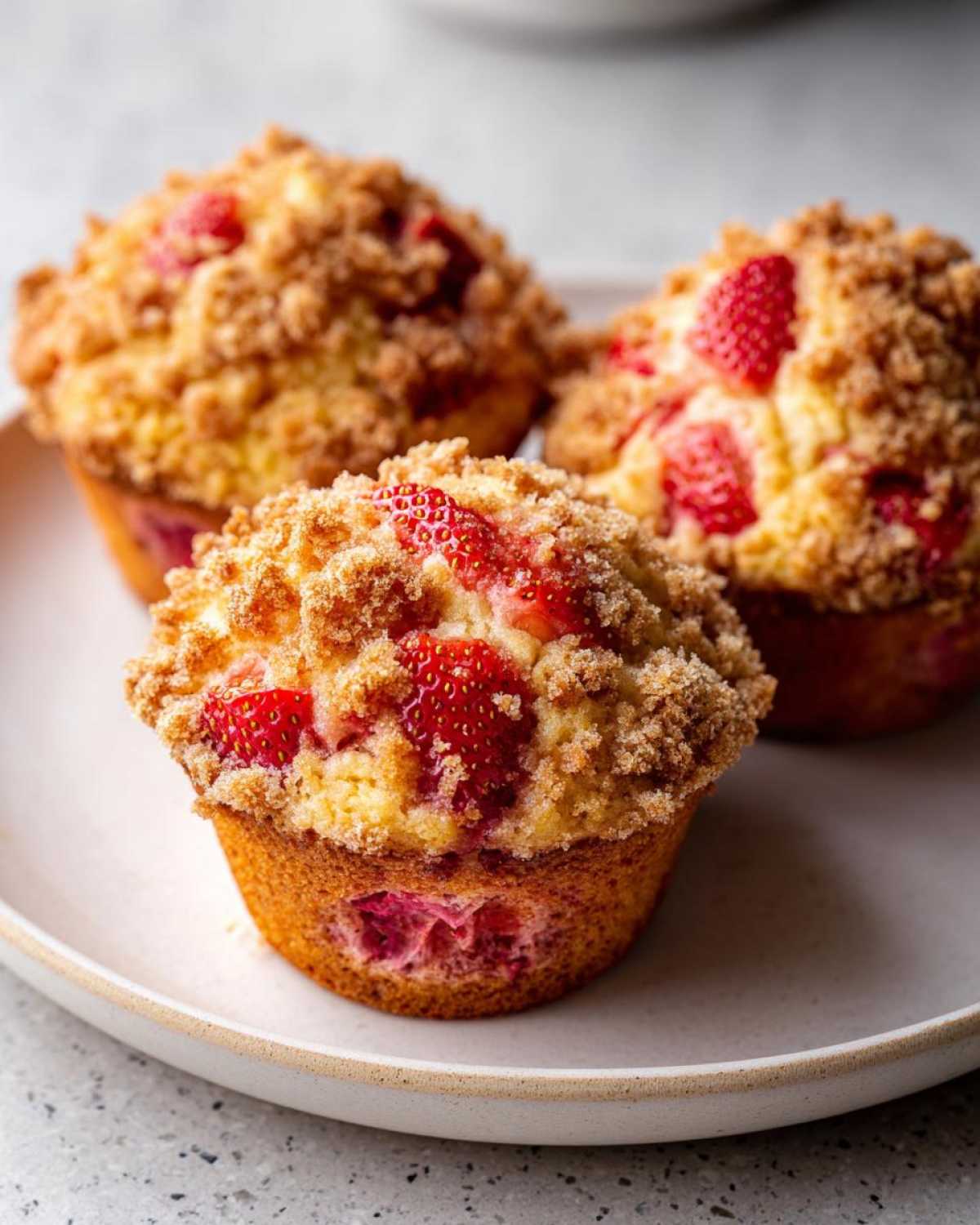 Three golden brown strawberry muffins topped with a thick, crumbly streusel topping, sitting on a light ceramic plate.