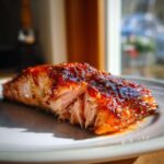 Close-up of a flaky, perfectly cooked salmon fillet with a dark, glossy glaze, showing the texture of the salmon.
