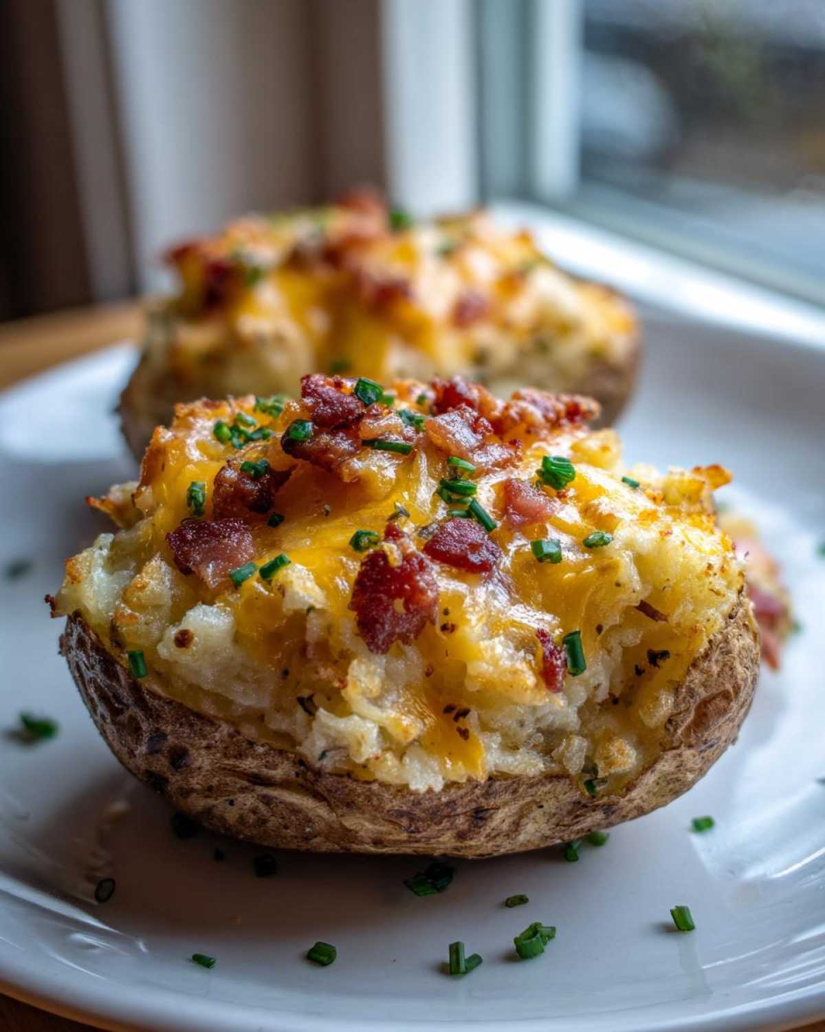 A close-up of a rich twice baked potato stuffed with mashed potato filling, melted cheddar cheese, bacon bits, and chives.