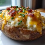 A close-up of a perfectly prepared twice baked potato, stuffed with creamy filling, melted cheddar cheese, bacon bits, and chives.