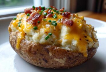 A close-up of a perfectly prepared twice baked potato, stuffed with creamy filling, melted cheddar cheese, bacon bits, and chives.