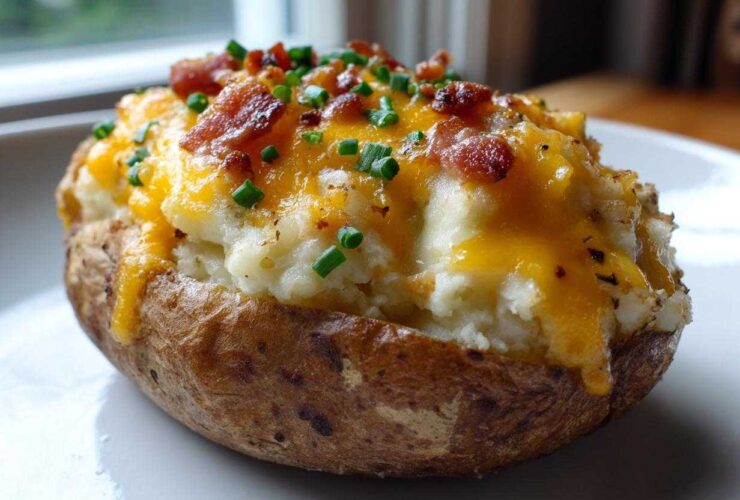 A close-up of a perfectly prepared twice baked potato, stuffed with creamy filling, melted cheddar cheese, bacon bits, and chives.