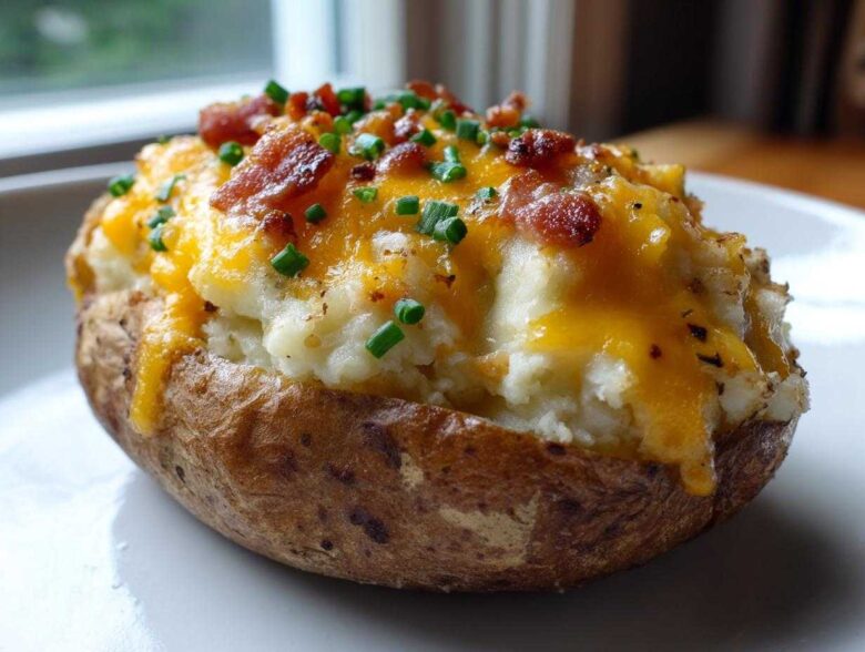 A close-up of a perfectly prepared twice baked potato, stuffed with creamy filling, melted cheddar cheese, bacon bits, and chives.