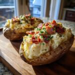 Two perfectly cooked twice baked potatoes stuffed with creamy filling, topped with crispy bacon and fresh chives.
