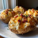 Four delicious twice baked potatoes stuffed with creamy filling, melted cheddar cheese, bacon bits, and chives.