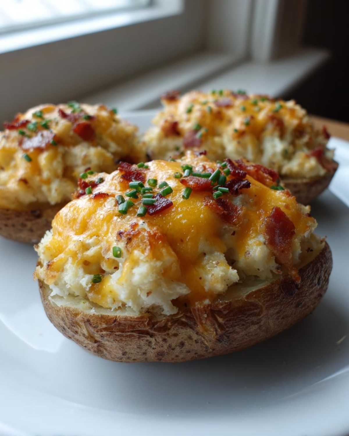 Three servings of amazing twice baked potatoes loaded with melted cheddar cheese, bacon bits, and chives.