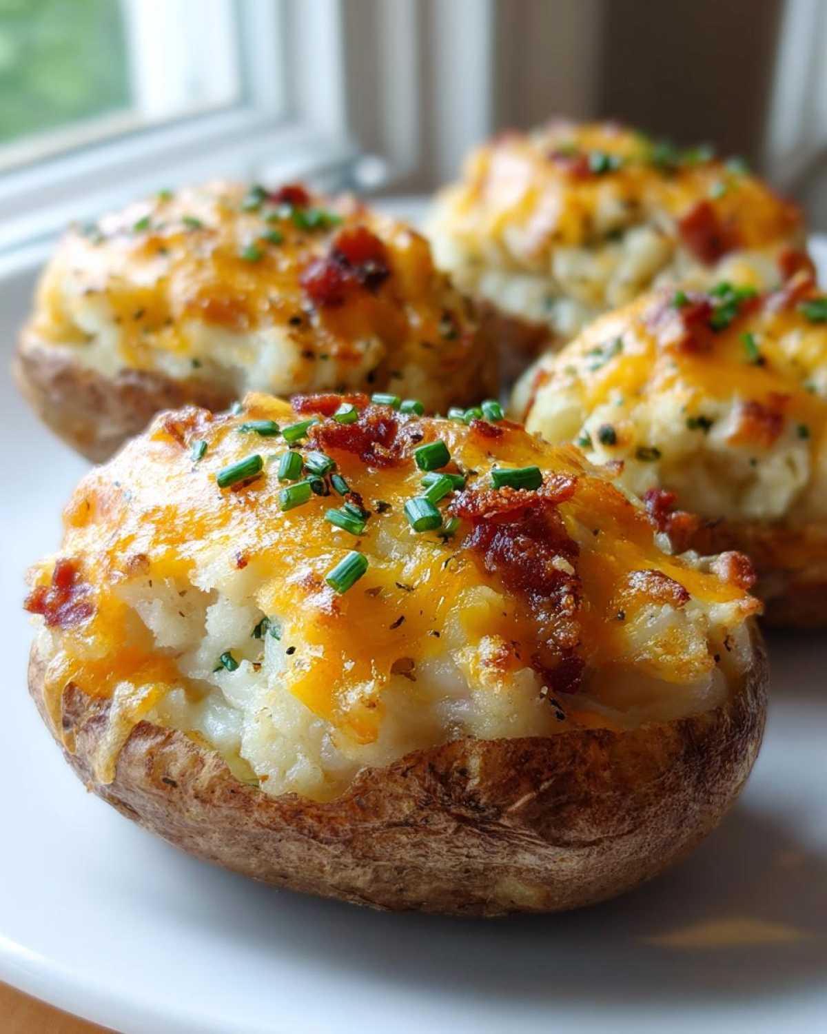 Close-up of four amazing twice baked potatoes topped with melted cheddar cheese, bacon bits, and fresh chives.