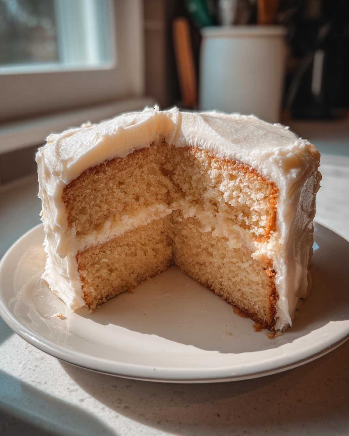 A two-layer slice of moist vanilla cake recipe covered in thick white buttercream frosting, sitting on a plate.