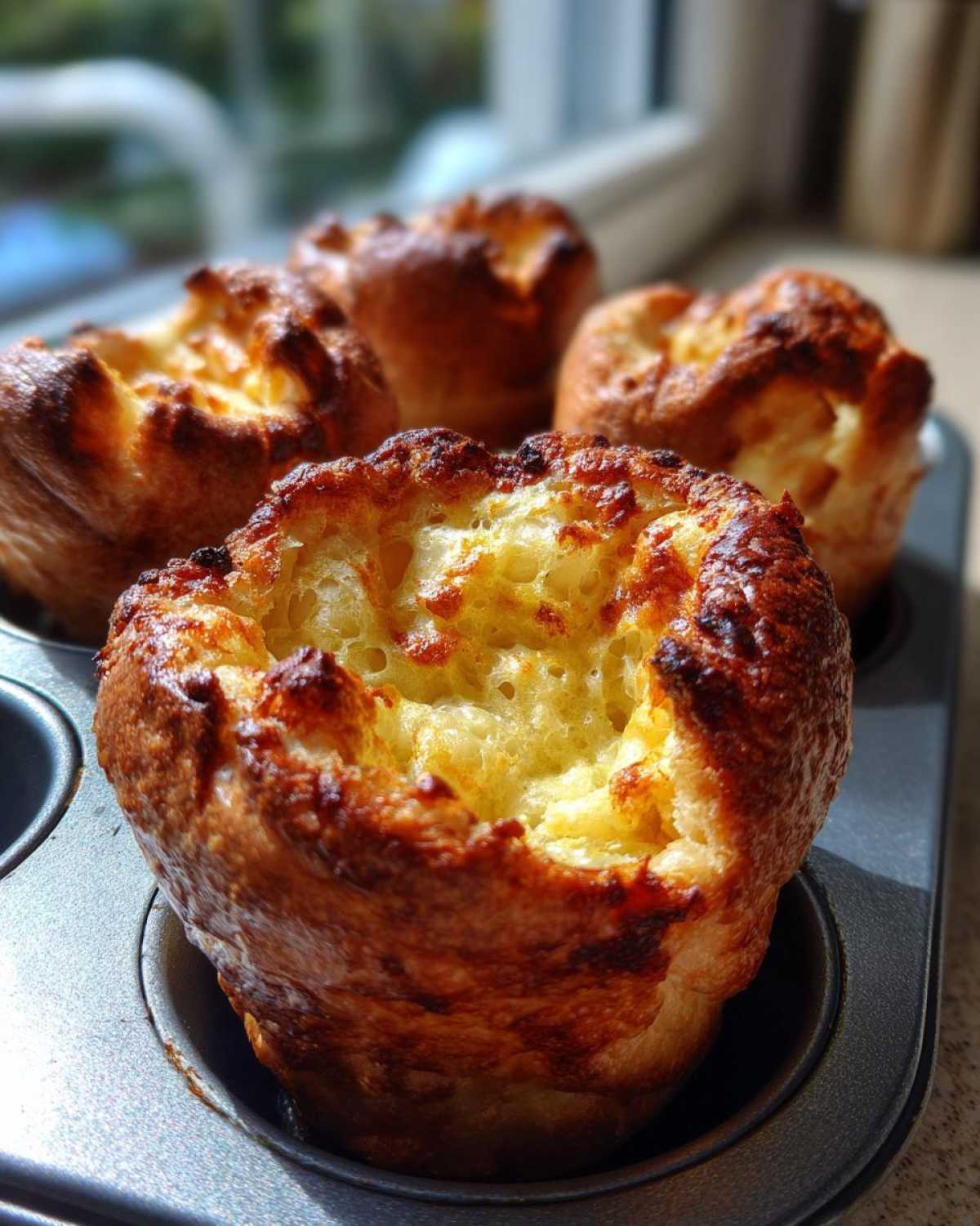 Close-up of four golden brown, risen yorkshire pudding puffs fresh out of a metal muffin tin.