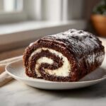 A rich chocolate yule log cake filled with white cream, drizzled with ganache and dusted with powdered sugar.