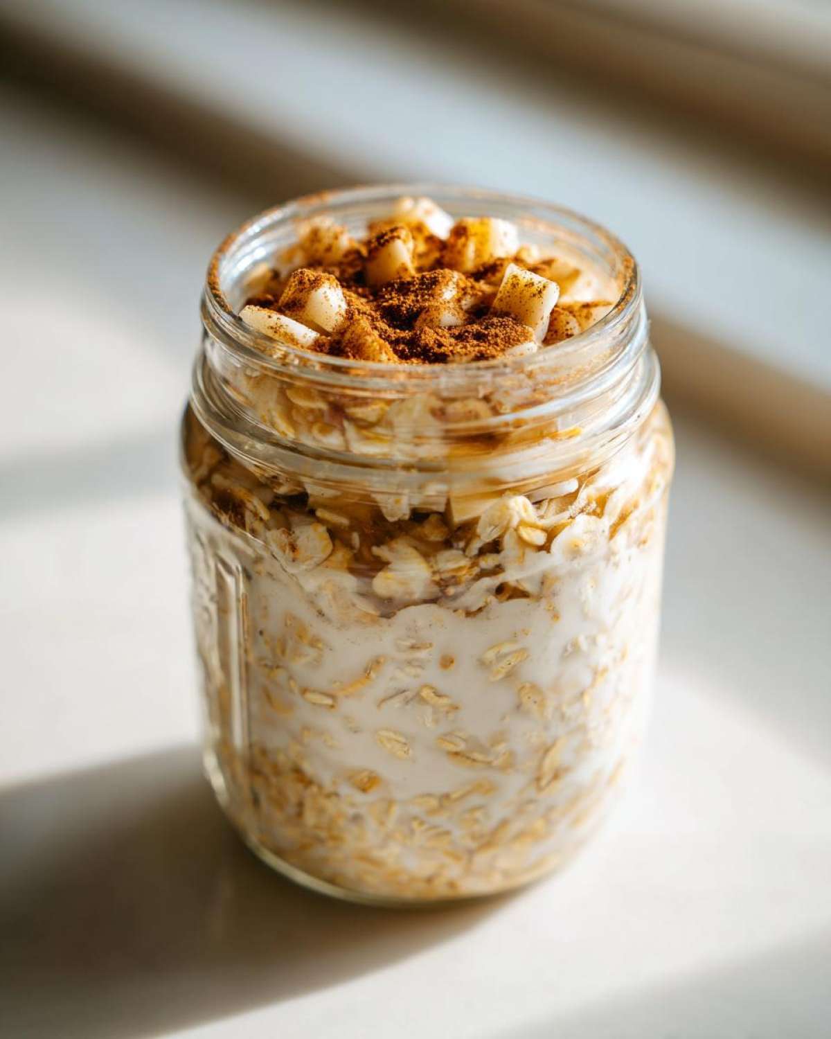 Close-up of apple cinnamon overnight oats soaking in milk inside a glass jar, topped with diced apples and cinnamon.