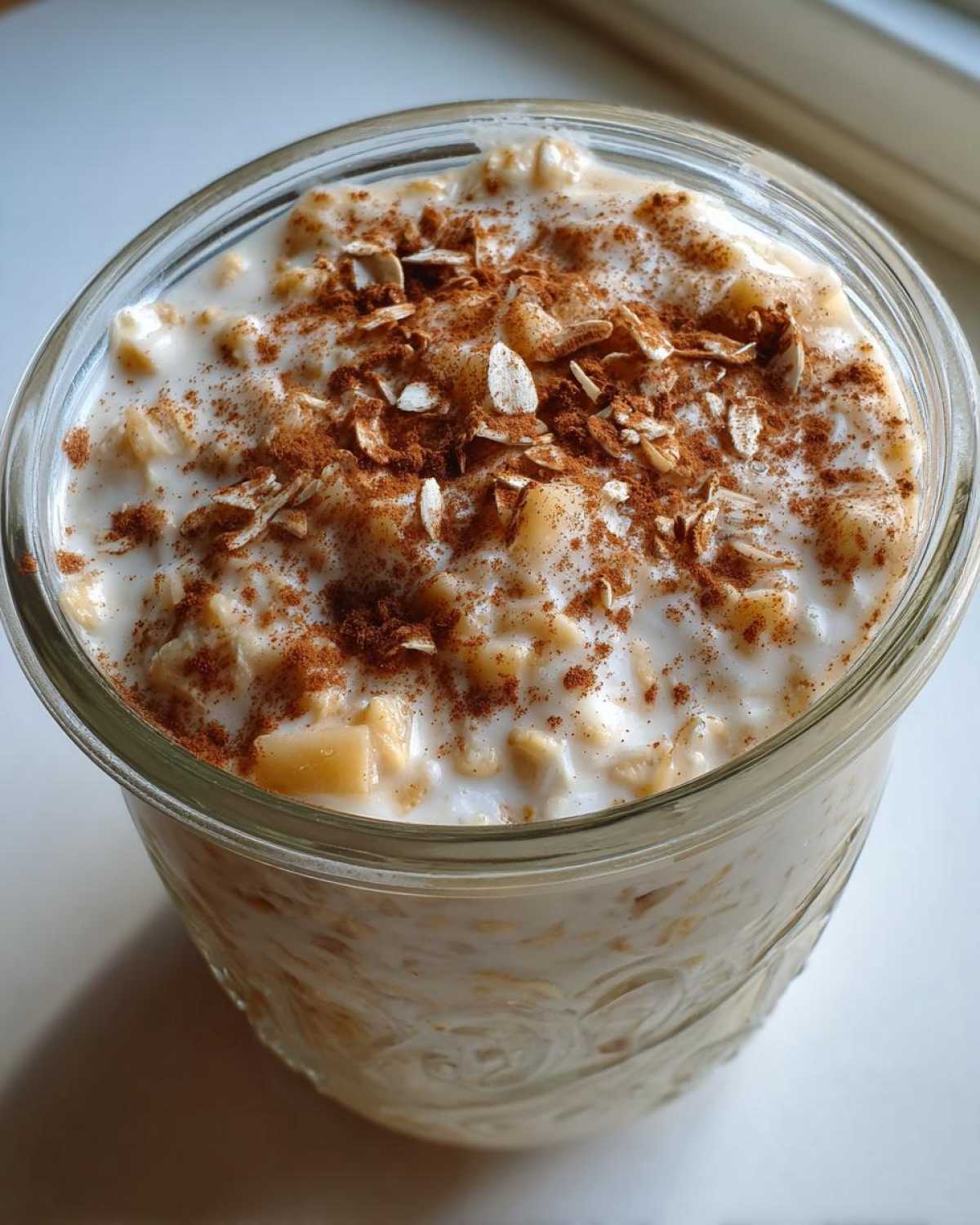 Close-up of creamy apple cinnamon overnight oats topped with cinnamon powder and rolled oats in a glass jar.
