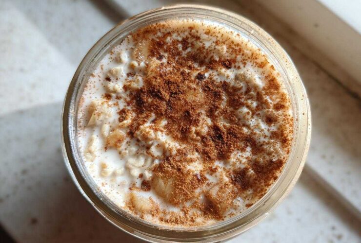 Overhead shot of apple cinnamon overnight oats in a glass jar, topped generously with ground cinnamon.