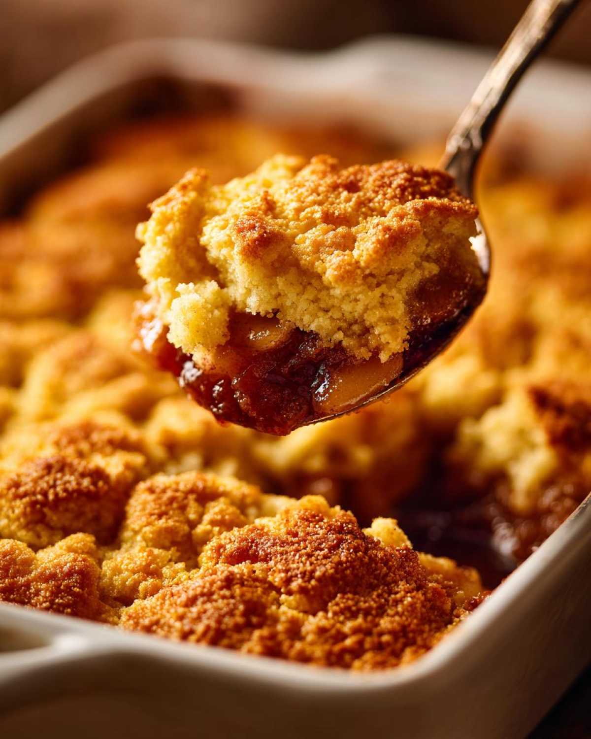 A spoonful of warm apple cobbler showing the juicy filling and golden, crumbly topping being lifted from the baking dish.
