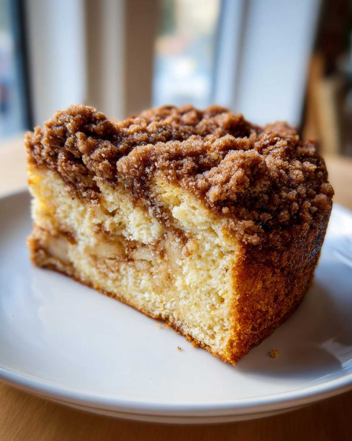 A close-up of a moist slice of apple crumb cake featuring a thick, sugary cinnamon crumb topping.