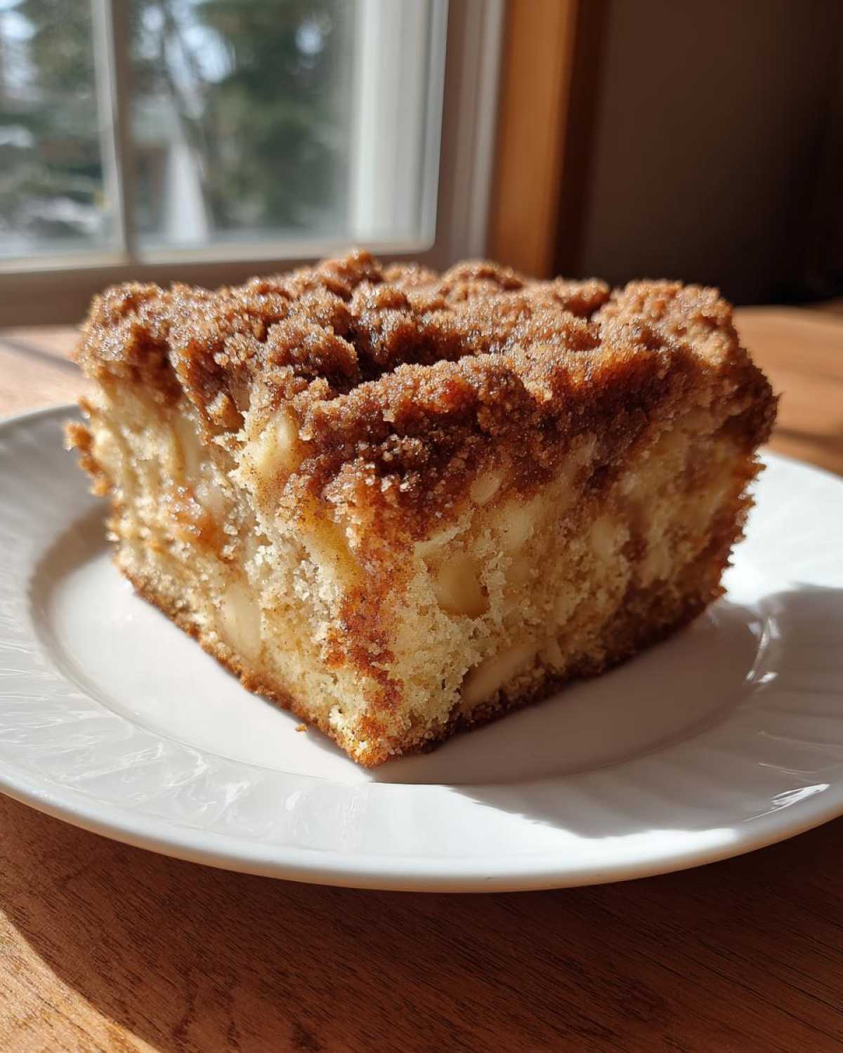 A close-up of a moist slice of apple crumb cake with a thick, sugary cinnamon topping, sitting on a white plate.