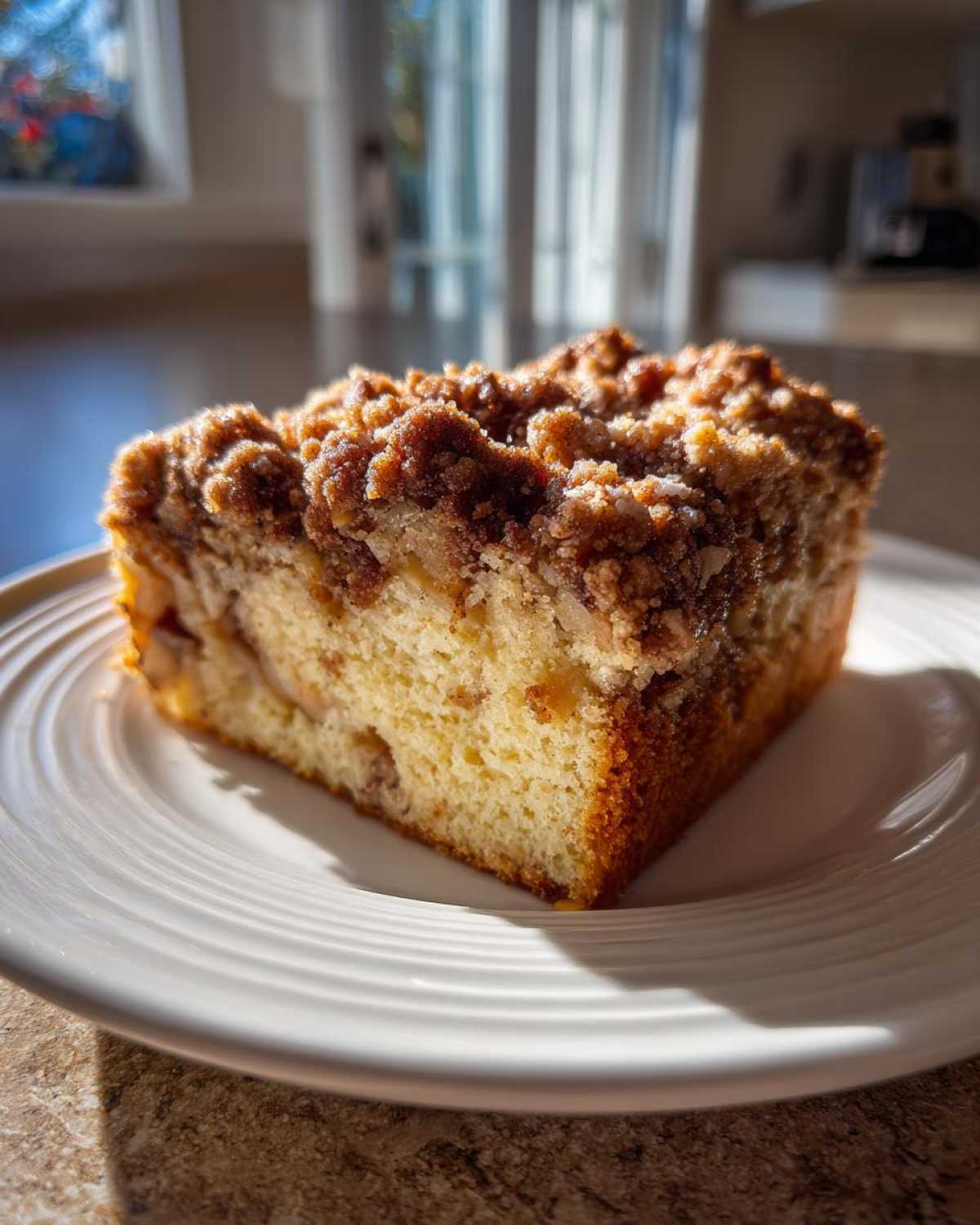 A close-up, sunlit slice of apple crumb cake with a thick, dark brown streusel topping on a white plate.