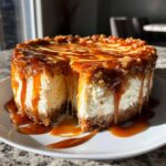 A rich, creamy apple pie cheesecake with a crumb topping, heavily drizzled with thick caramel sauce.