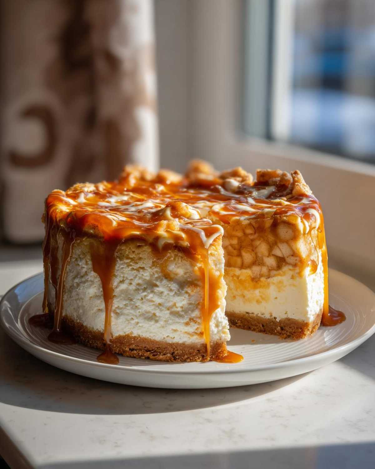 A rich apple pie cheesecake with a slice removed, heavily drizzled with caramel sauce.