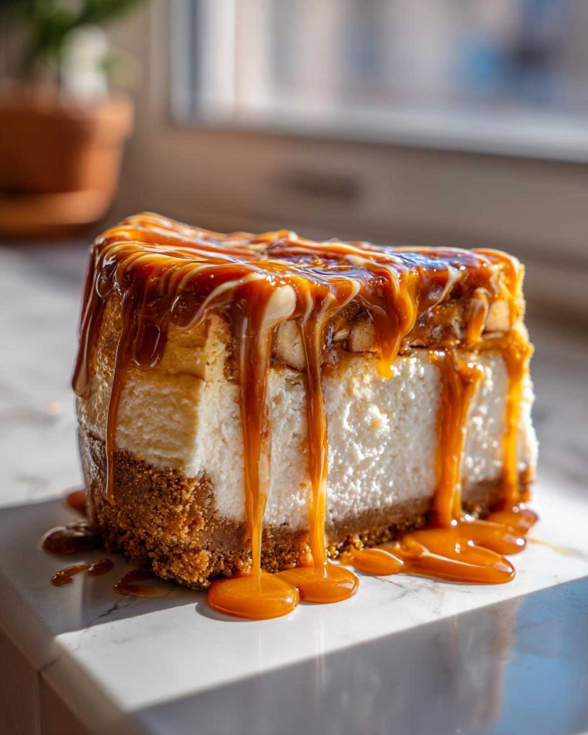 A thick slice of apple pie cheesecake topped generously with dripping caramel sauce.