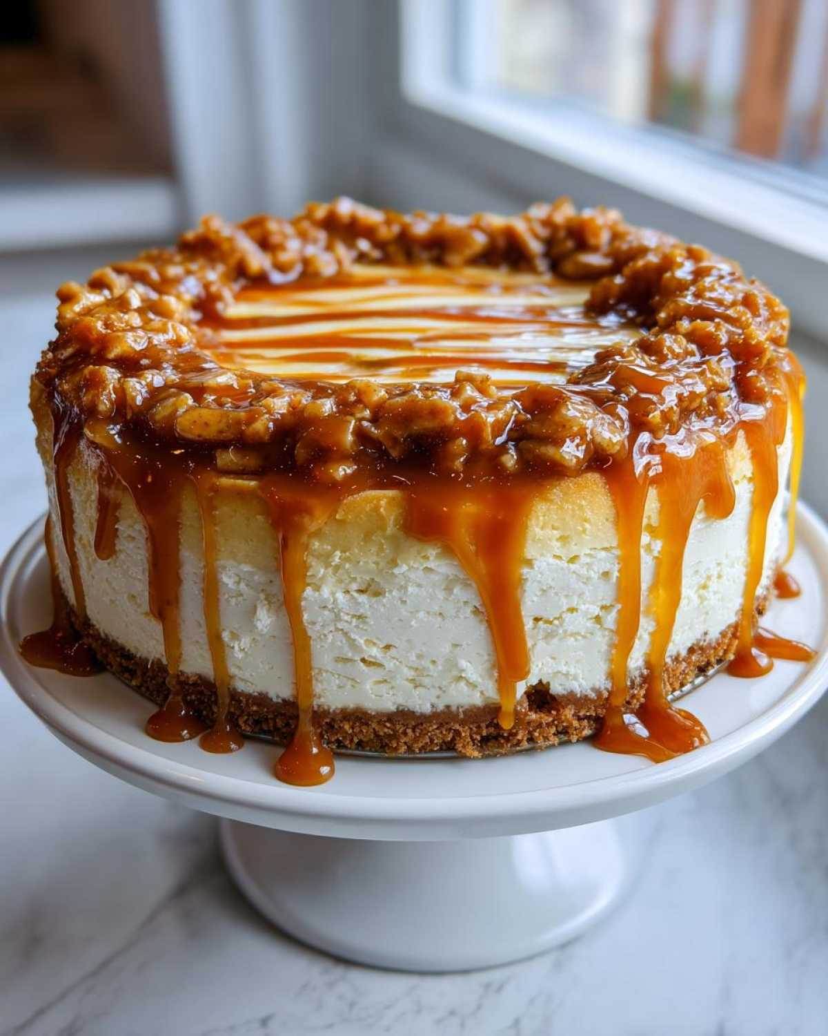 A whole apple pie cheesecake topped with caramel sauce and nuts sitting on a white cake stand.